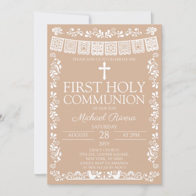 Biege Papel Picado First Holy Communion Invitation (Front)