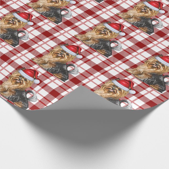 Biewer Terrier and Red Holiday Plaid Christmas Wrapping Paper (Corner)
