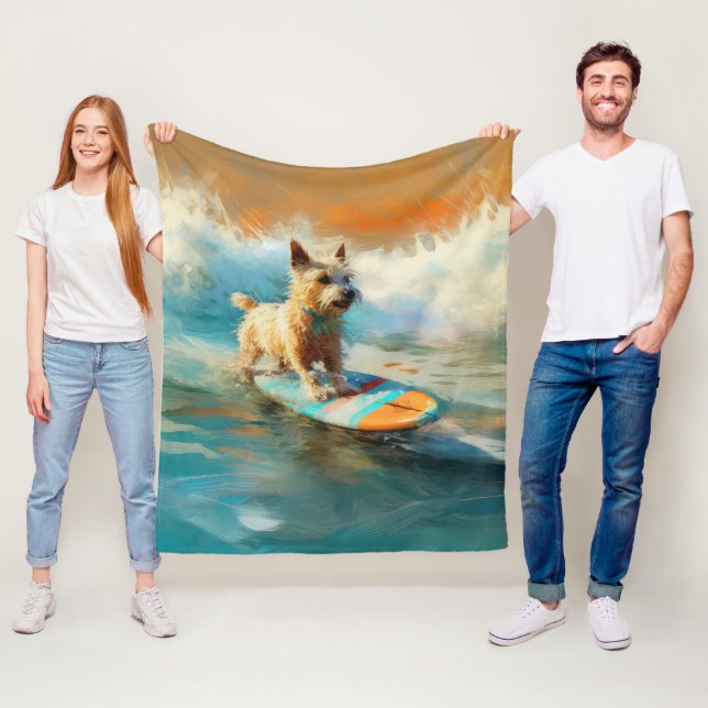 Biewer Terrier Beach Surfing Painting  Fleece Blanket (In Situ)