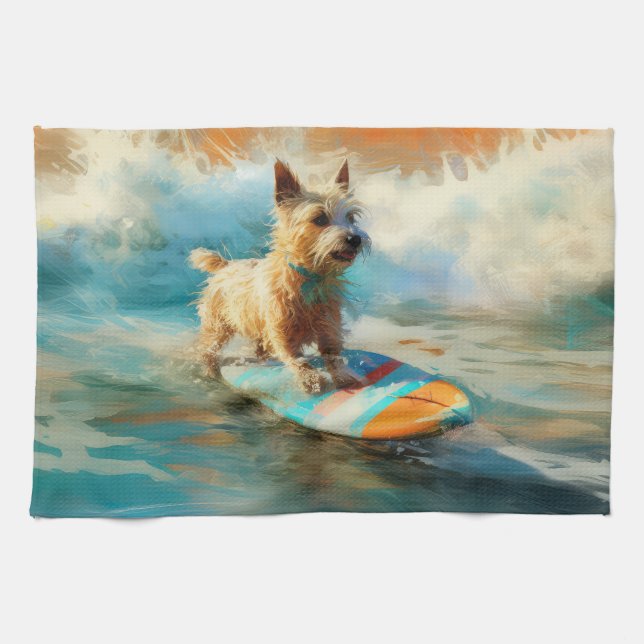 Biewer Terrier Beach Surfing Painting  Tea Towel (Horizontal)