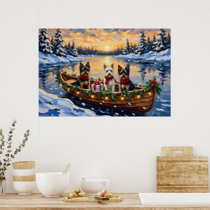 Biewer Terrier Christmas Boat Holiday Poster