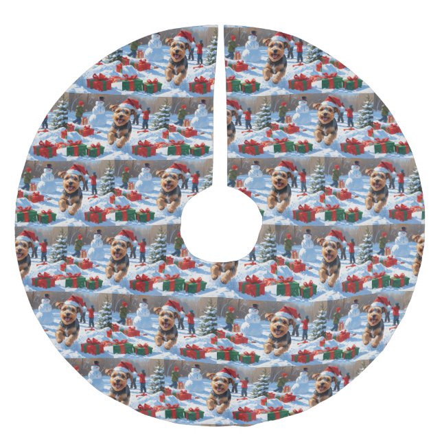 Biewer Terrier Christmas Festive Snow Scene  Brushed Polyester Tree Skirt (Front)