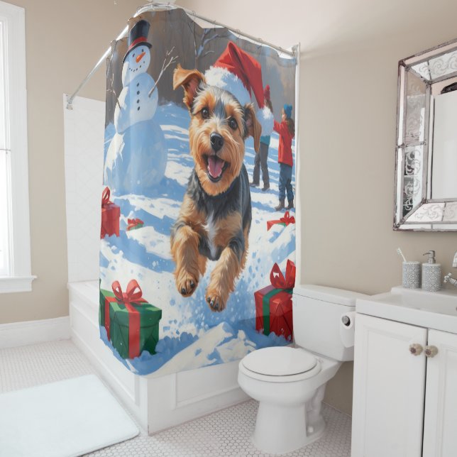 Biewer Terrier Christmas Festive Snow Scene  Shower Curtain (In Situ)