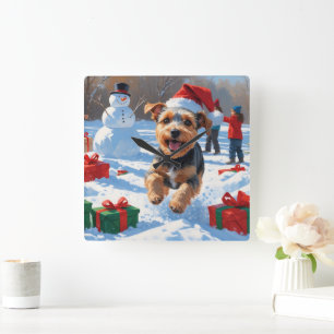 Biewer Terrier Christmas Festive Snow Scene Square Wall Clock