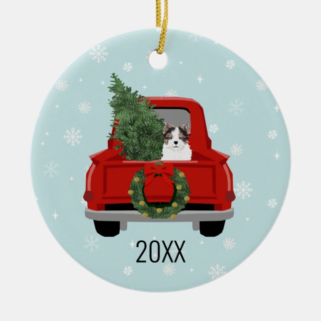 Biewer Terrier Christmas Red Truck Ceramic Tree Decoration (Front)