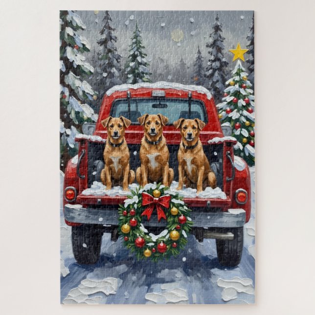 Biewer Terrier Christmas Red Truck Holiday Jigsaw Puzzle (Vertical)
