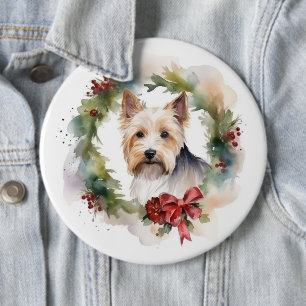 Biewer Terrier Christmas Wreath Festive Pup 6 Cm Round Badge