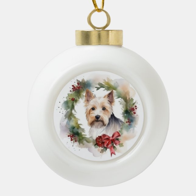 Biewer Terrier Christmas Wreath Festive Pup  Ceramic Ball Christmas Ornament (Front)
