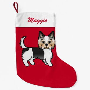 Biewer Terrier Cute Cartoon Dog On Red & Name Small Christmas Stocking
