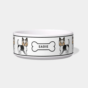 Biewer Terrier Cute Cartoon Dogs With Bone & Name Bowl