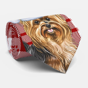 Biewer Terrier Dog and Red Plaid Christmas Tie