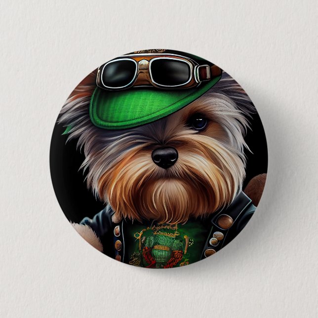 Biewer Terrier Dog Driving Bike St. Patrick's Day 6 Cm Round Badge (Front)
