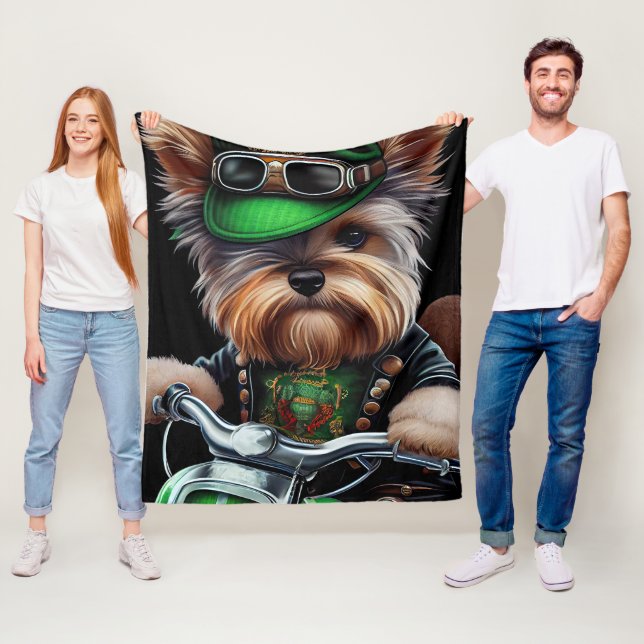 Biewer Terrier Dog Driving Bike St. Patrick's Day Fleece Blanket (In Situ)