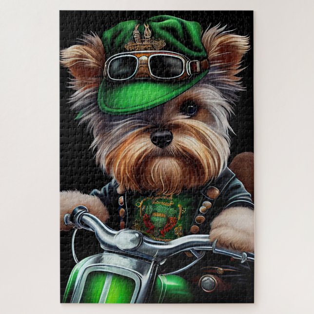 Biewer Terrier Dog Driving Bike St. Patrick's Day Jigsaw Puzzle (Vertical)