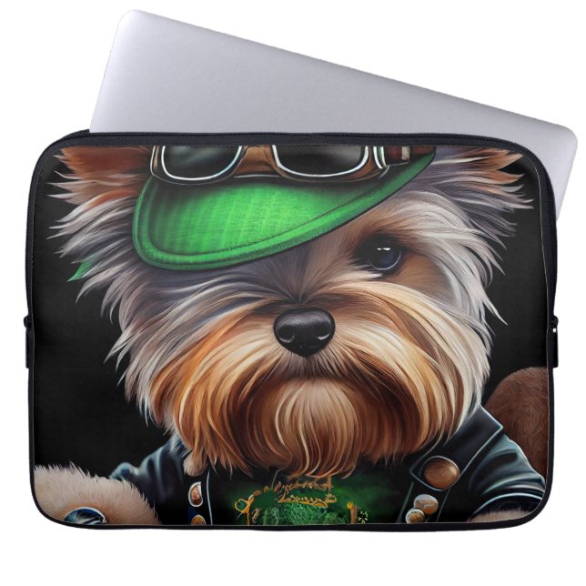 Biewer Terrier Dog Driving Bike St. Patrick's Day Laptop Sleeve (Front)
