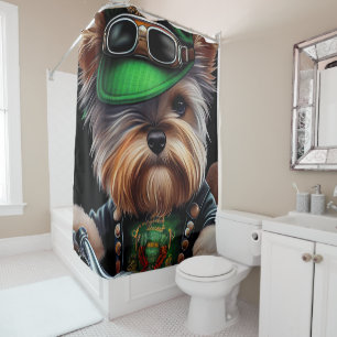 Biewer Terrier Dog Driving Bike St. Patrick's Day Shower Curtain