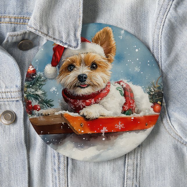 Biewer Terrier Dog in Sledge Let it Snow Christmas 6 Cm Round Badge (In Situ)