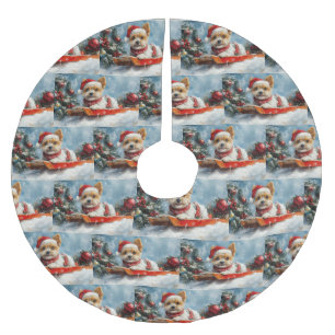 Biewer Terrier Dog in Sledge Let it Snow Christmas Brushed Polyester Tree Skirt