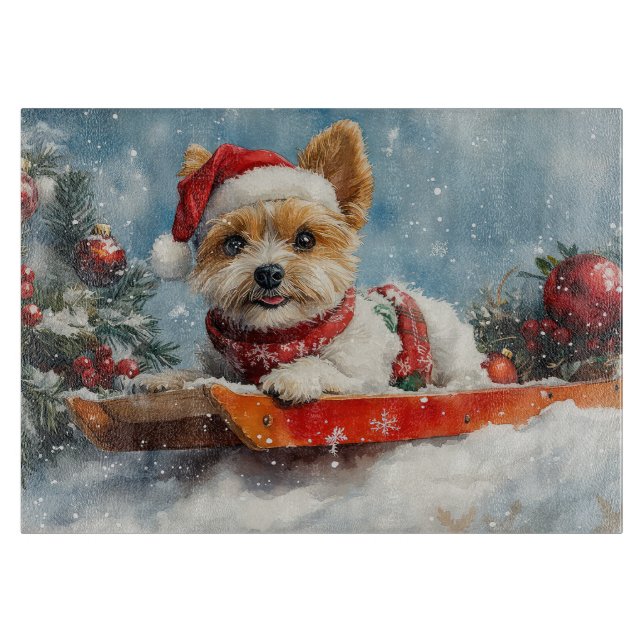 Biewer Terrier Dog in Sledge Let it Snow Christmas Cutting Board (Front)