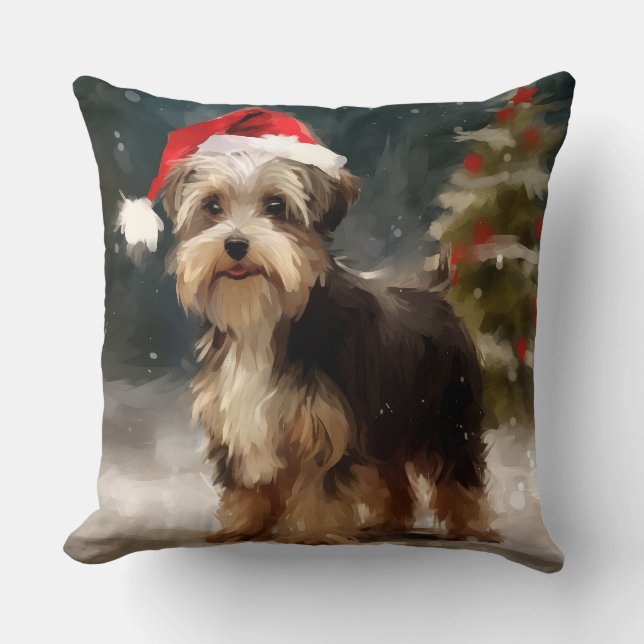 Biewer Terrier Dog in Snow Christmas  Cushion (Front)