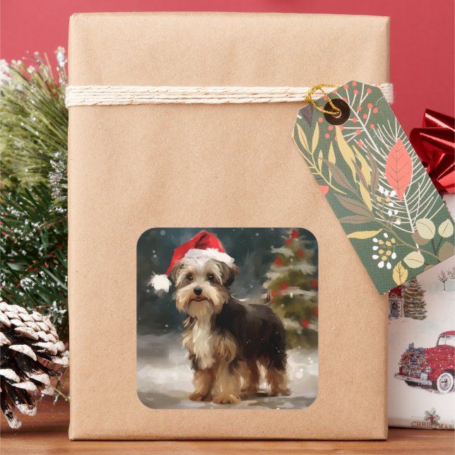 Biewer Terrier Dog in Snow Christmas  Square Sticker (Holiday)