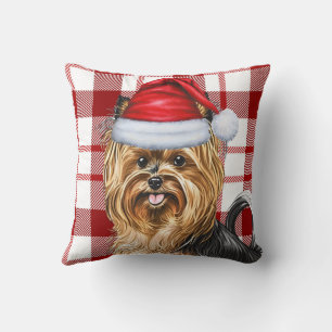 Biewer Terrier Dog Red Holiday Plaid Christmas Cushion