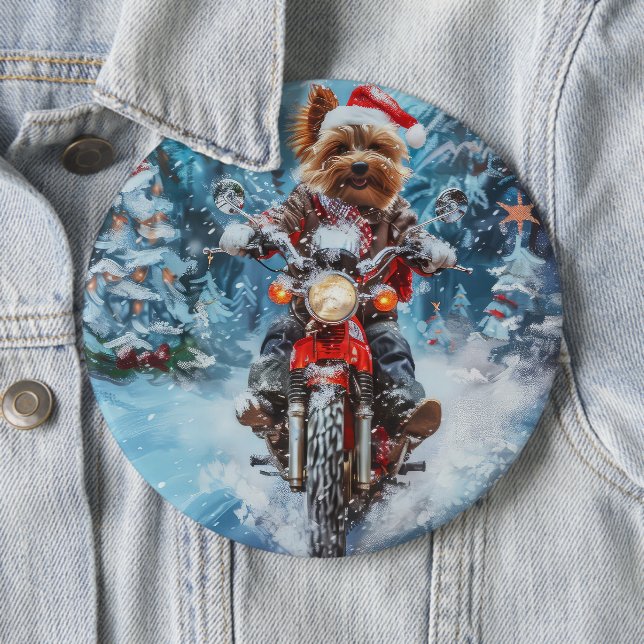 Biewer Terrier Dog Riding Motorcycle Christmas 6 Cm Round Badge (In Situ)