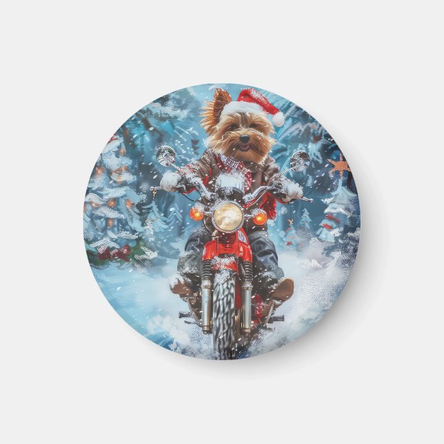 Biewer Terrier Dog Riding Motorcycle Christmas Magnet (Front)