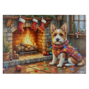 Biewer Terrier Fireplace with Christmas Lights Cutting Board
