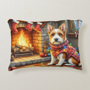 Biewer Terrier Fireplace with Christmas Lights Decorative Cushion