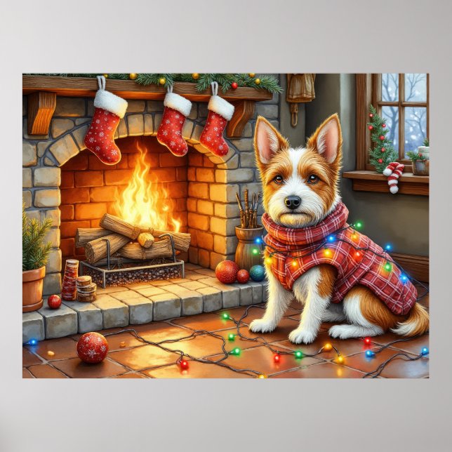 Biewer Terrier Fireplace with Christmas Lights Poster (Front)