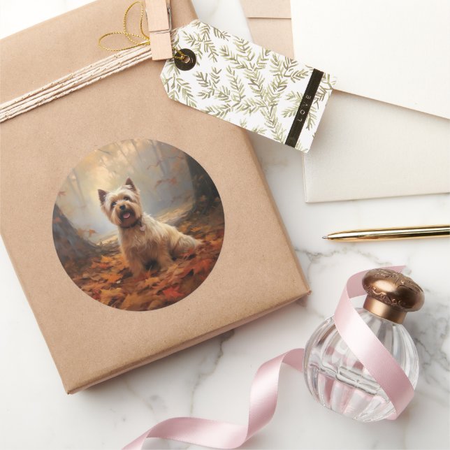 Biewer Terrier in Autumn Leaves Fall Inspire Classic Round Sticker (Gifting)