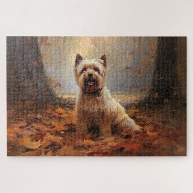 Biewer Terrier in Autumn Leaves Fall Inspire Jigsaw Puzzle (Horizontal)