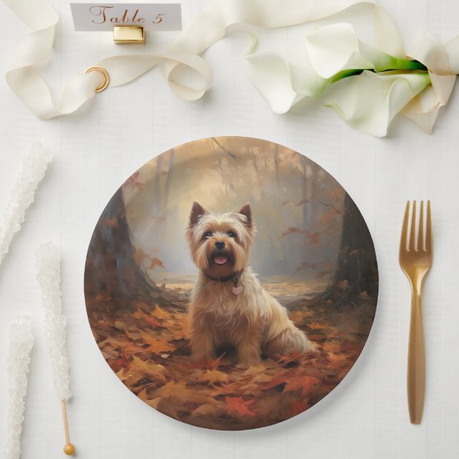 Biewer Terrier in Autumn Leaves Fall Inspire Paper Plate (Wedding)