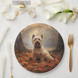 Biewer Terrier in Autumn Leaves Fall Inspire Paper Plate