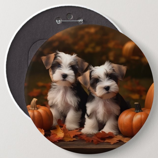 Biewer Terrier Puppy Autumn Delight Pumpkin  6 Cm Round Badge (Front & Back)