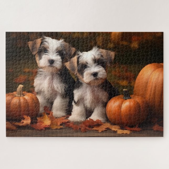 Biewer Terrier Puppy Autumn Delight Pumpkin  Jigsaw Puzzle (Horizontal)