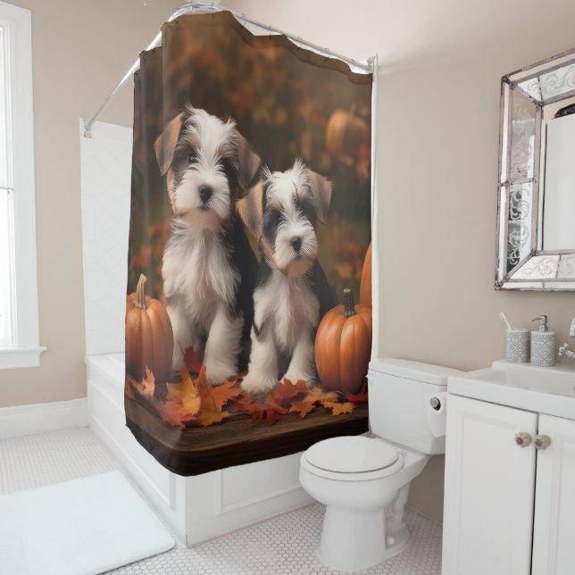 Biewer Terrier Puppy Autumn Delight Pumpkin  Shower Curtain (In Situ)