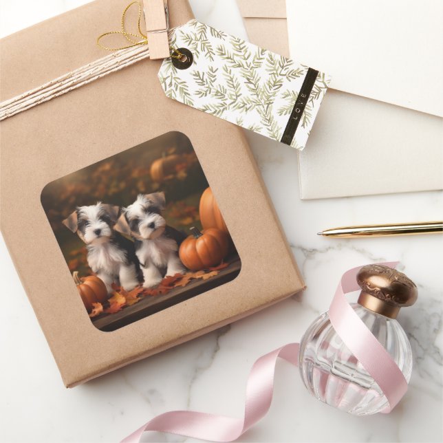 Biewer Terrier Puppy Autumn Delight Pumpkin  Square Sticker (Gifting)