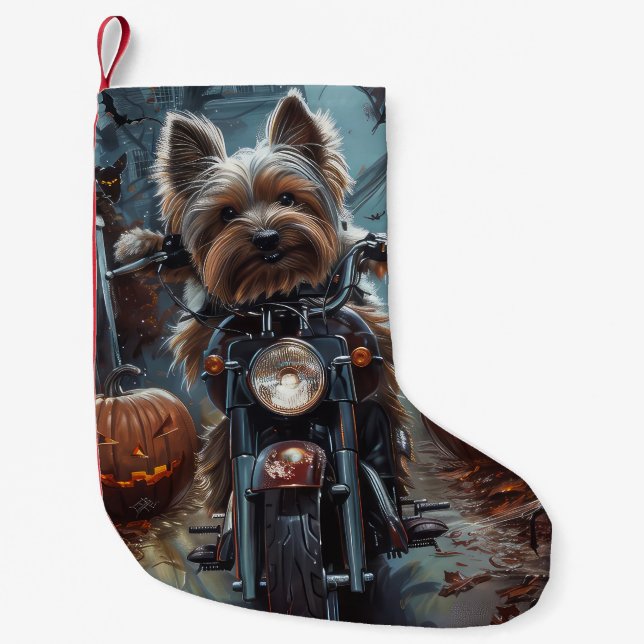 Biewer Terrier Riding Motorcycle Halloween Scary  Small Christmas Stocking (Front)
