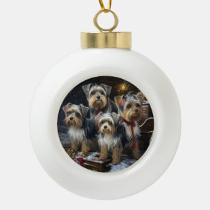 Biewer Terrier Snowy Sleigh Christmas Decor Ceramic Ball Christmas Ornament