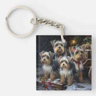 Biewer Terrier Snowy Sleigh Christmas Decor Key Ring
