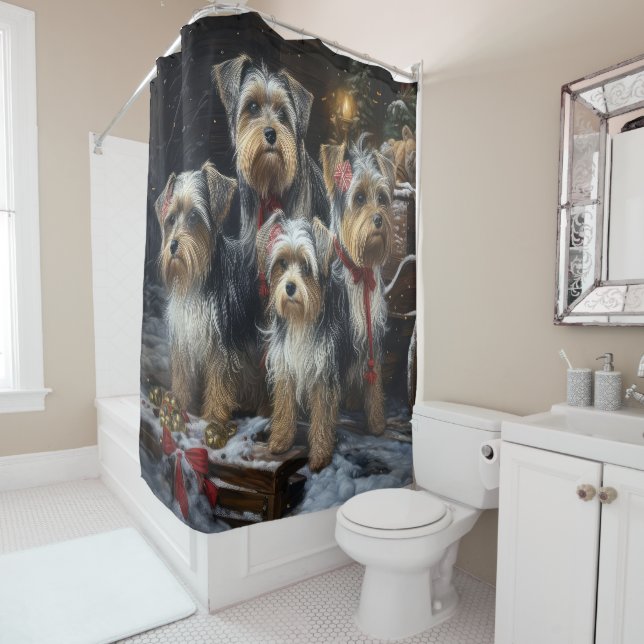 Biewer Terrier Snowy Sleigh Christmas Decor Shower Curtain (In Situ)