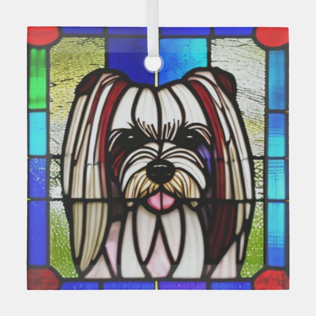 Biewer Terrier "Stained Glass"  Glass Tree Decoration (Front)