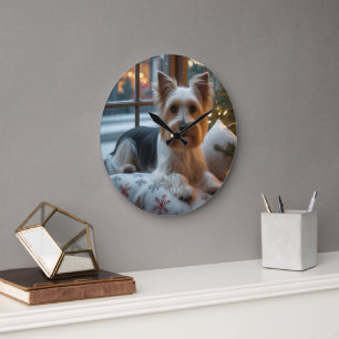 Biewer Terrier With Christmas Lights Holiday Large Clock