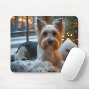 Biewer Terrier With Christmas Lights Holiday Mouse Pad
