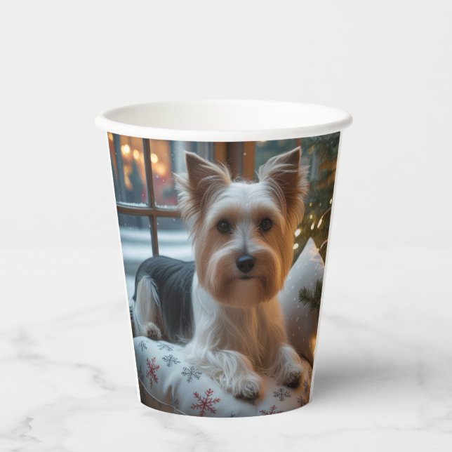 Biewer Terrier With Christmas Lights Holiday Paper Cups (Front)