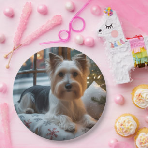 Biewer Terrier With Christmas Lights Holiday Paper Plate