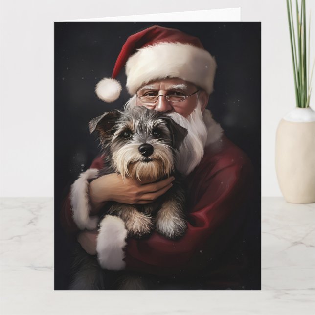 Biewer Terrier With Santa Claus Festive Christmas Card (Front)