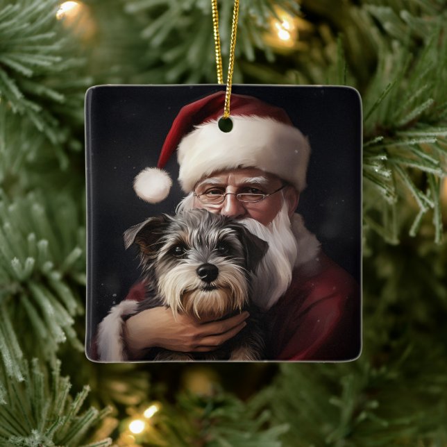 Biewer Terrier With Santa Claus Festive Christmas Ceramic Ornament (Tree)